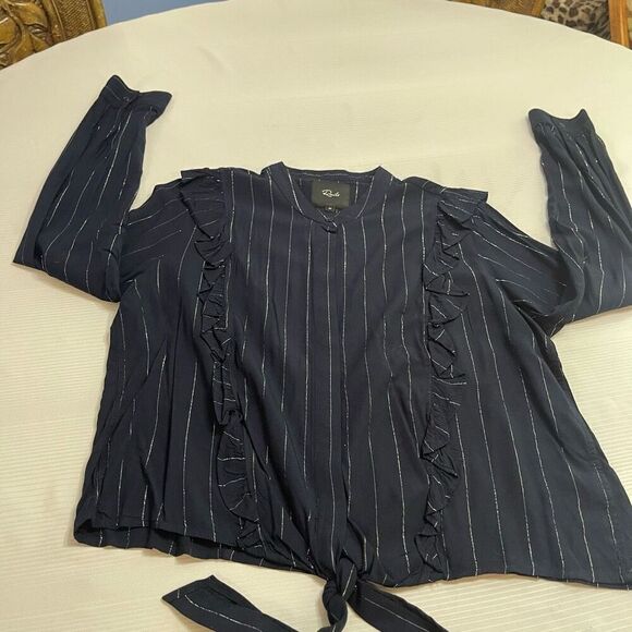 Rails Blouse Piper Tie Front Navy Silver Stripe Ruffle Button Up Shirt Medium - Picture 7 of 10